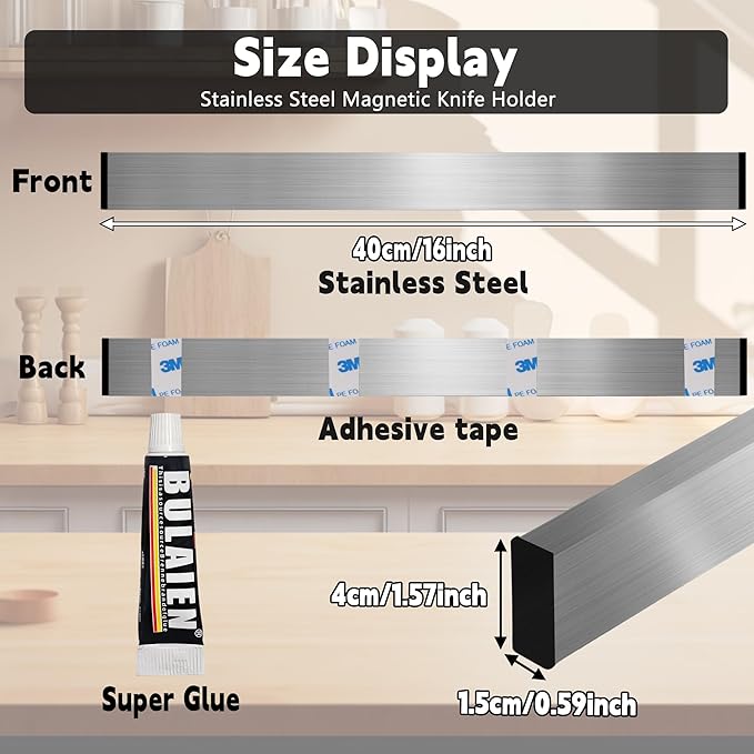 Magnetic Knife Strips, Magnetic Knife Holder for Wall 16 Inch, Stainless Steel Knife Magnetic Strip Use as Knife Bar, Knife Holder for Kitchen Utensil Organizer