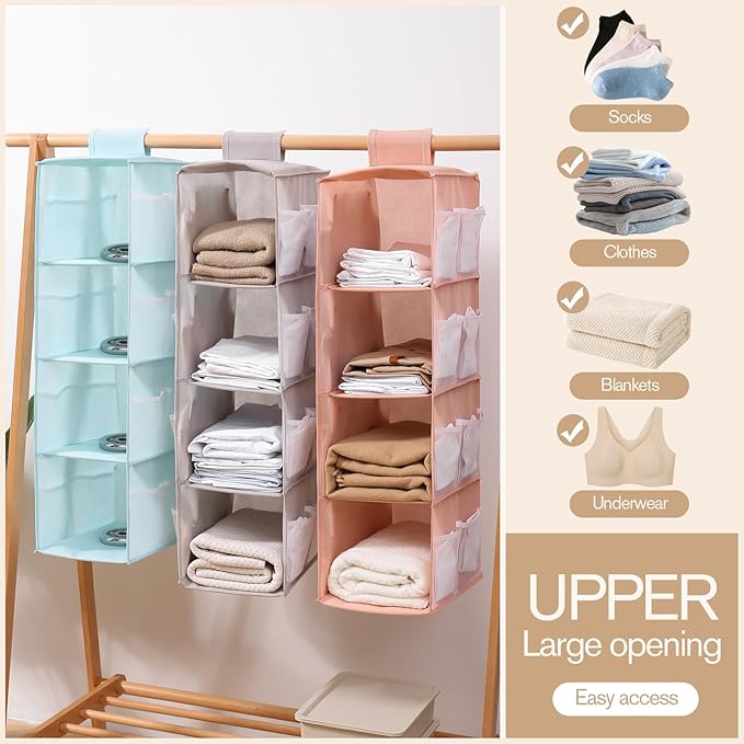 Hanging Closet Organizer, 4-Section Storage Shelves, Oxford Cloth with Mesh Pockets, (Pink, 2 Section)