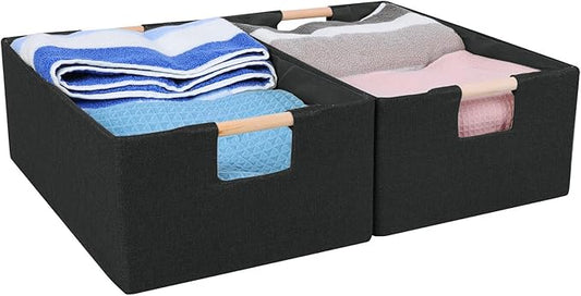 ANMINY 2PCS Storage Baskets for Organizing Collapsible Fabric Storage Bins Boxes with Wood Handles Closet Shelves Cube Organizer Bins Clothes Laundry Storage Container - Medium, Black