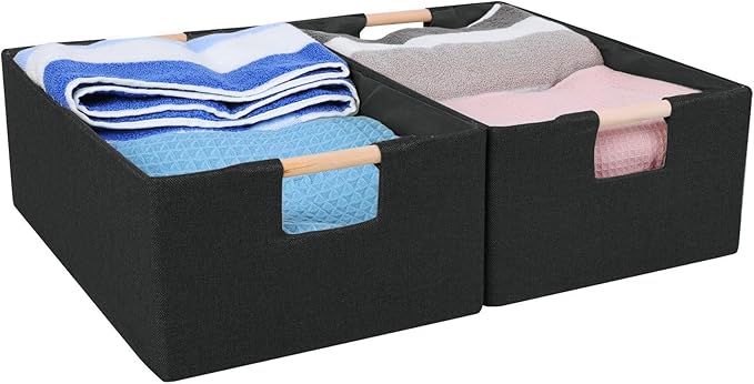 ANMINY 2PCS Storage Baskets for Organizing Collapsible Fabric Storage Bins Boxes with Wood Handles Closet Shelves Cube Organizer Bins Clothes Laundry Storage Container - Large, Black