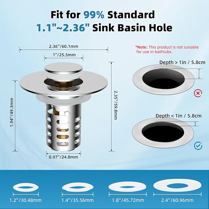 Universal Metal Bathroom Sink Drain Strainer Hair Catcher Upgraded 3 in 1 Pop-up Sink Stopper, with Detachable Stainless Steel Filter Basket, Fit for Standard 1.1''~2.36'' Basin Hole, Chrome