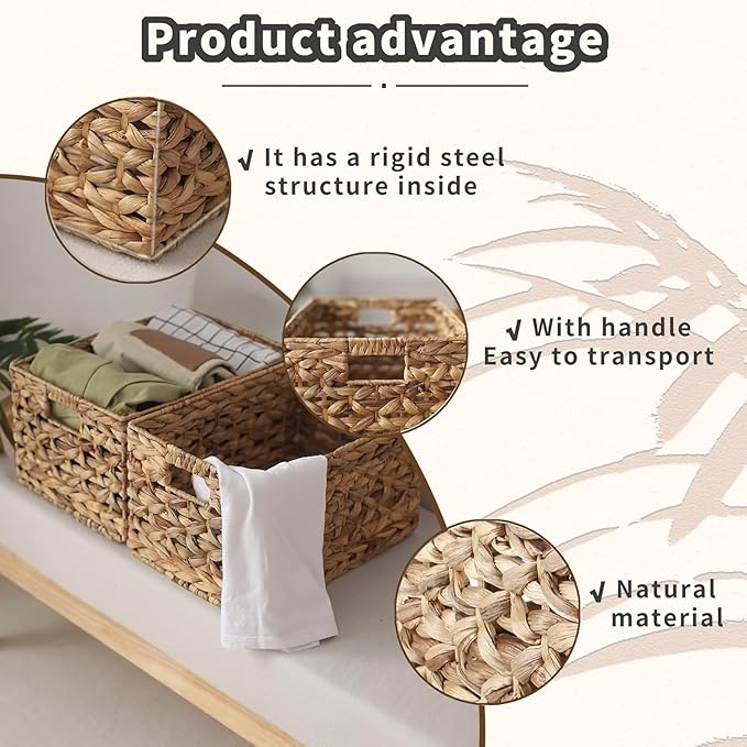 Rectangular Water Hyacinth Storage Basket — Wicker Basket for Organizing with Handle, Decorative Rattan Basket for Bathroom, Bedroom, Shelves & Living Room (Large)