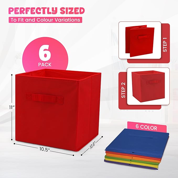 4E's Novelty 6 Packs 11 Inch Rainbow Color Storage Cube Bins, Colorful Storage Baskets For Nursery, Kids Room, Fabric Baskets For Toys, Clothes, Cube Bins for Classroom Organization & Storage