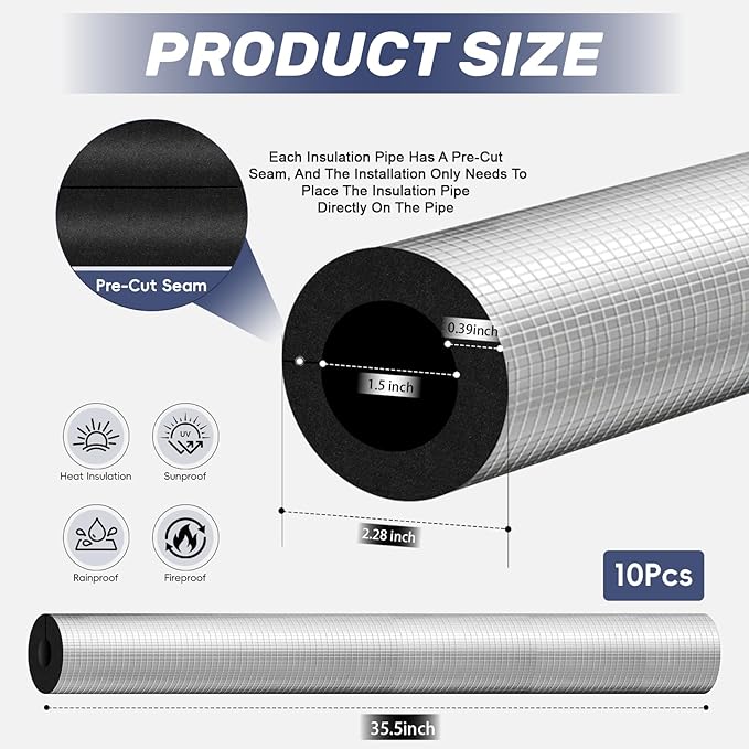 1.5 " ID Pipe Insulation Foam Tube Heat Tape for Water Pipes Self Adhesive 36 '' L, Outdoor Foam Water Pipe Insulation for Winter Pipe Freeze Protection (10 PC)
