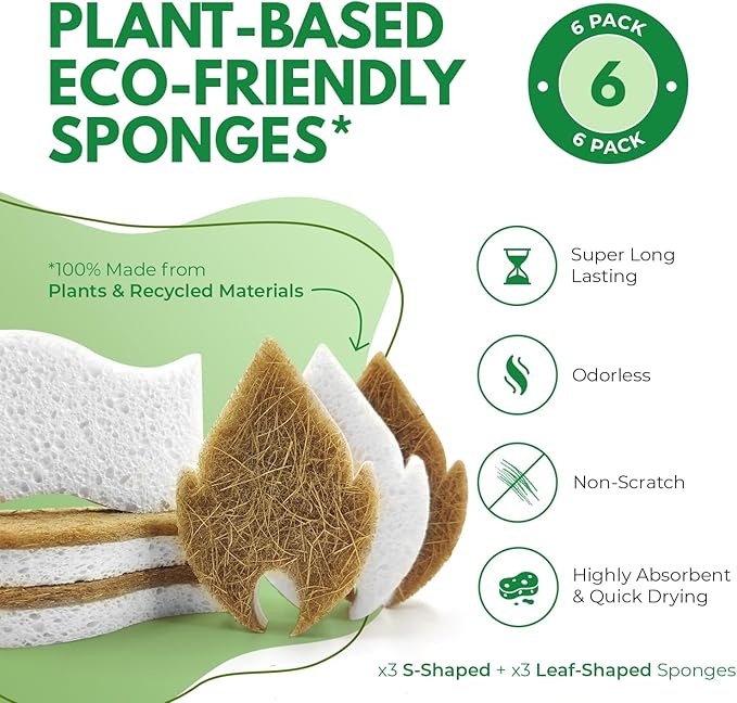 Natural Kitchen Sponges (6 Pack) - Biodegradable Cellulose & Coconut Scrubber Dish Sponge for Kitchen - Eco-Friendly, Non Scratch, Compostable, Non Toxic Leaf Shaped Natural Sponges for Dishes