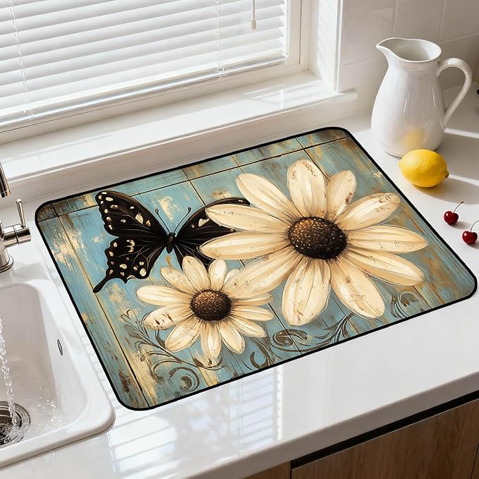 Glass Stove Top Covers for Electric Stove, Heat Resistant Counter Protector Mat, Non Slip Waterproof Surface Cover for Kitchen Counter and Cooktop (Daisy Butterfly, 28"L x 20"W)
