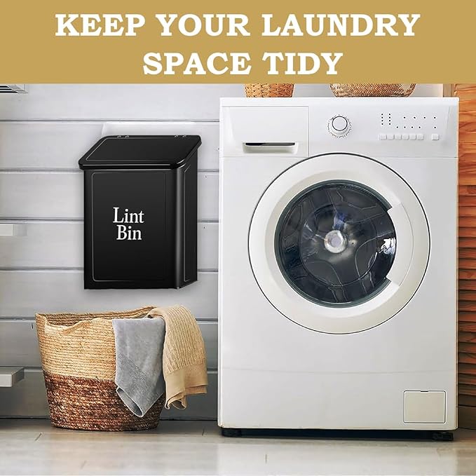 Magnetic Lint Bin for Laundry Room Organization & Storage, Wall-Mounted Dryer Lint Bin Trash Can with Lid, Lint Box Includes Brush, 2 White Hooks, 1 Black Hook, Screws & Magnet Glue (Black)