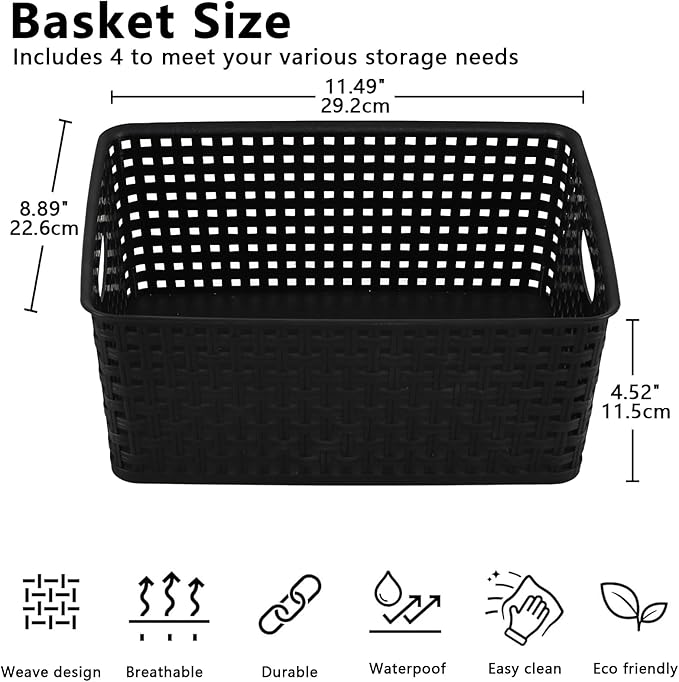 Plastic Storage Baskets, 4 Pack, Gray, Durable, Easy to Use, 11.49" x 8.89" x 4.52", Multi-Purpose, Ideal for Closets, Cabinets, Shelves, Countertops