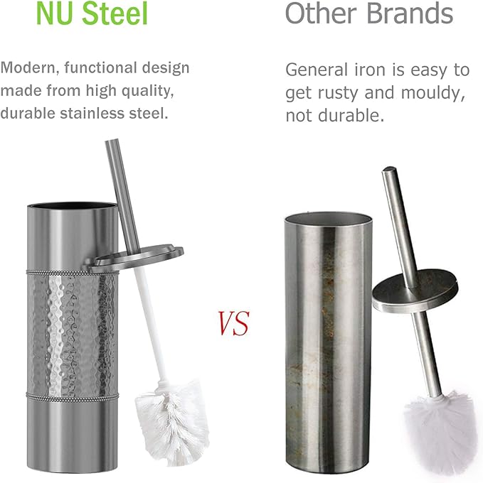 nu steel Hammer Detail Stainless Steel Toilet Brush with Covered Metal Case Finish Comes with a Complete Plastic Liner Inside to Prevent Dripping, Silver