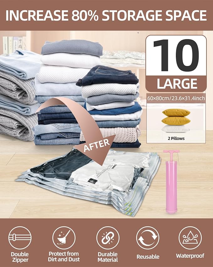 Vacuum Storage Bags for moving, Vacuum Seal Bags for Memory Foam, Latex, Clothing & Bedding, Space Saver Bags for Organization and Storage(10 Large)