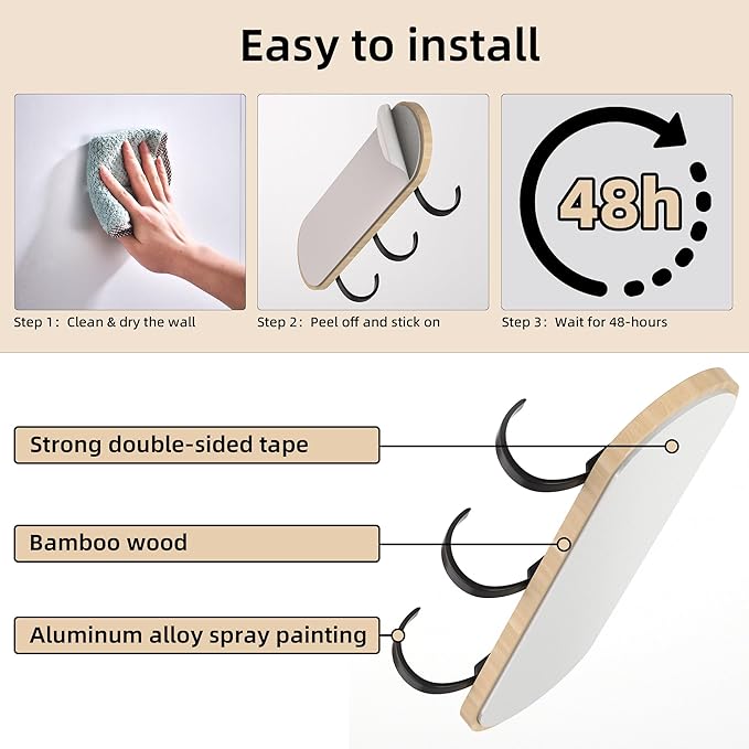 Kayqi 20 lbs (Max) Self Adhesive Aluminum Alloy Hooks for Bath, Kitchen, Bar, Office, Simple and Versatile, (Pack of 2)