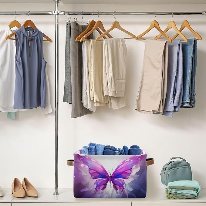 Storage Basket Purple Butterfly Rectangular Collapsible Canvas Shelves Storage Bins with Leather Handles for Shelves Home Closet Bedroom Living Room, 1Pack