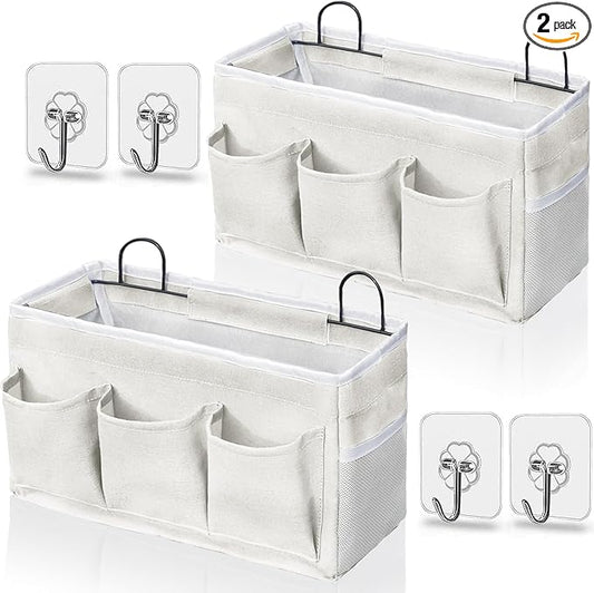 Wall Hanging Organizer Bag, 2-Pack Linen Storage Baskets with Pockets, WallHanging Storage Basket for Bedroom, Kitchen, Office, RV Camper (White-2pcs)