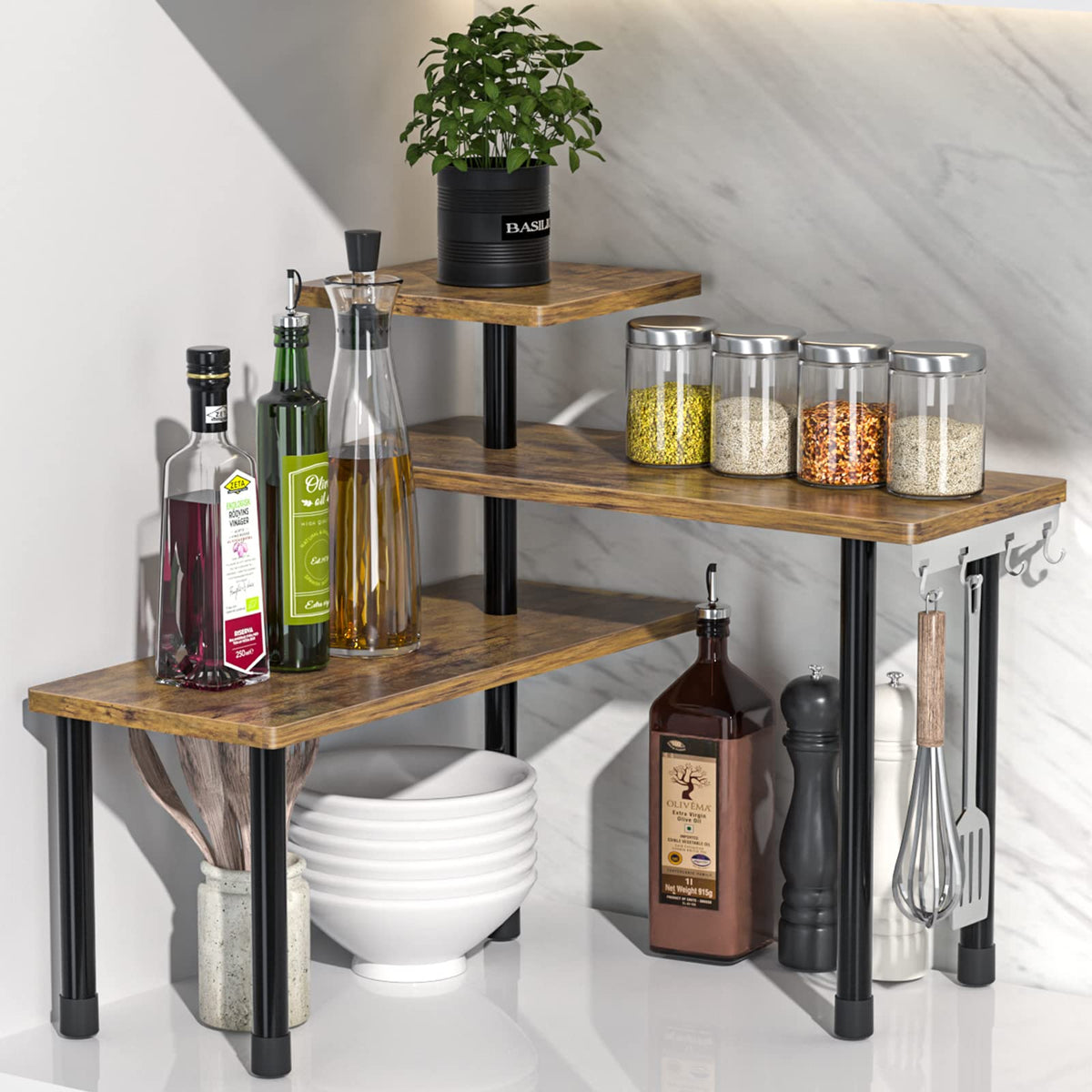 JayRex Kitchen Countertop Organizer 3-Tier Corner Shelf, Rustic - Image 1