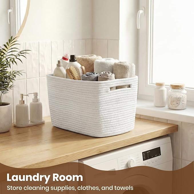 Storage Baskets for Organizing, 14 x 10 x 9” Closet Shelf Woven Baskets, Square Bins with Handles, Cotton Rope Basket for Toys, Clothes, Office, Room, White 1 Pack