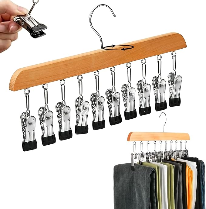 Closet Organizer with 10 Clips - Space Saving Hanging Closet Organizer, 2026 Upgraded Legging Hangers for Closet, 360° Rotating Metal Clips with Silicone Lining for Clothes (Wood, 1PC)