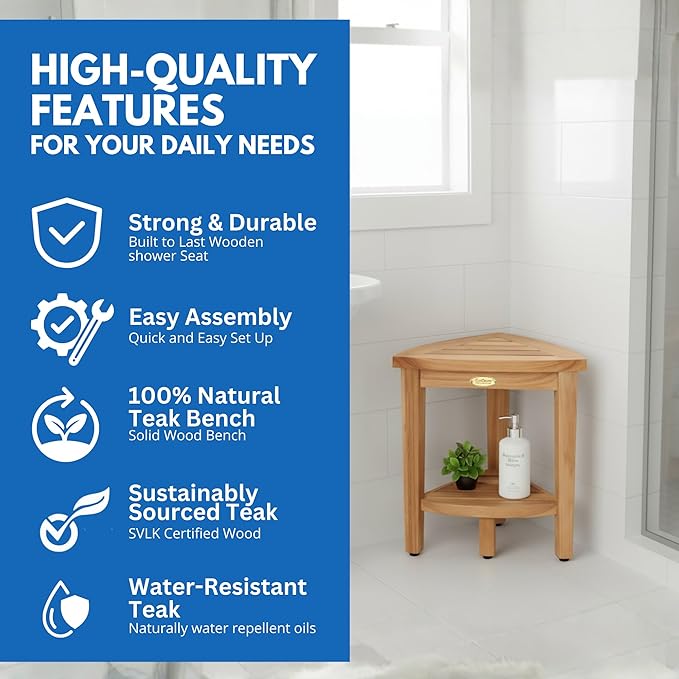 EcoDecors Snazzy Corner Waterproof Teak Wood Shower Bench Stool Seat Chair For Inside Shower Provides Safety, Storage, and Organization For Bathroom Accessories