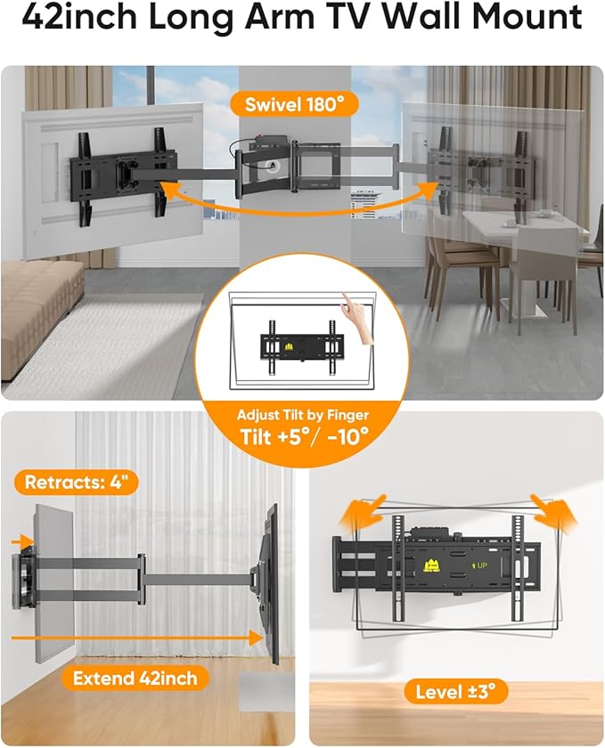 FORGING MOUNT Long Arm TV Wall Mount for 42-80 inch TVs, 43" Extension Full Motion TV Mount with Articulating Arm Swivel,Tilt and Level Adjustment, MAX VESA 600x400mm, Holds up to 110 lbs