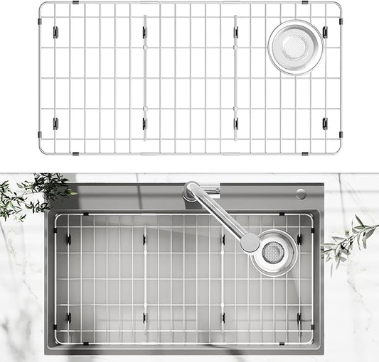 28-1/4" x 14.37" x 1-1/4" Metal Stainless Steel Sink Protectors for Kitchen Sink, Sink Rack for Bottom of Sink with Side Drain, Sink Grate for Bottom of Kitchen Sink with Sink Strainer
