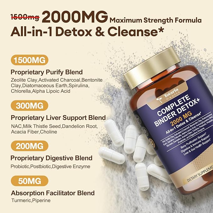 Totaria 2000MG Complete Binder Detox+ Activated Charcoal, Zeolite, Bentonite Clay, NAC, Milk Thistle, Probiotic, All-in-1 Detox & Cleanse Supplement, Liver & Gut Support, 120 Counts