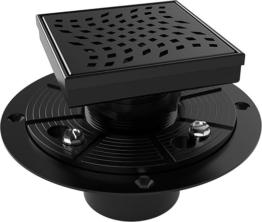 WEBANG 4 Inch Square Shower Drain Black Floor Drain with Flange Wave-Hole Pattern Cover Grate Removable SUS304 Stainless Steel Watermark&CUPC Certified Matte Black