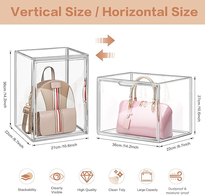 5 Packs Clear Handbag Storage Organizer for Closet, Purse Organizer Acrylic Display Case for Handbag, Stackable Storage Box with Magnetic Door for Wallet Book Toys Collectibles