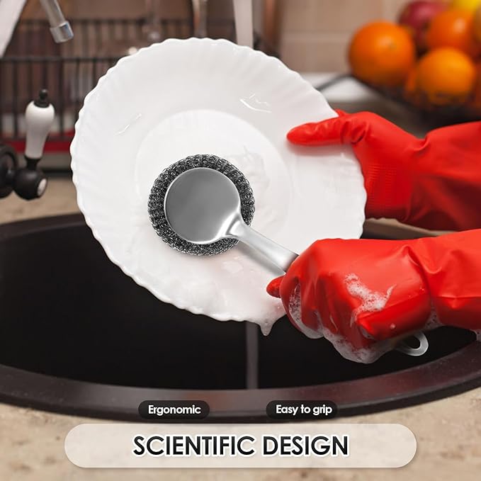 Steel Wool Scrubber Dish Brush with Handle, Detachable Stainless Steel Scrubber, Ergonomic Handle Stainless Steel Wool Scrubber, Reusable Stainless Steel Dish Scrubber for Cleaning Dishes (5pcs)