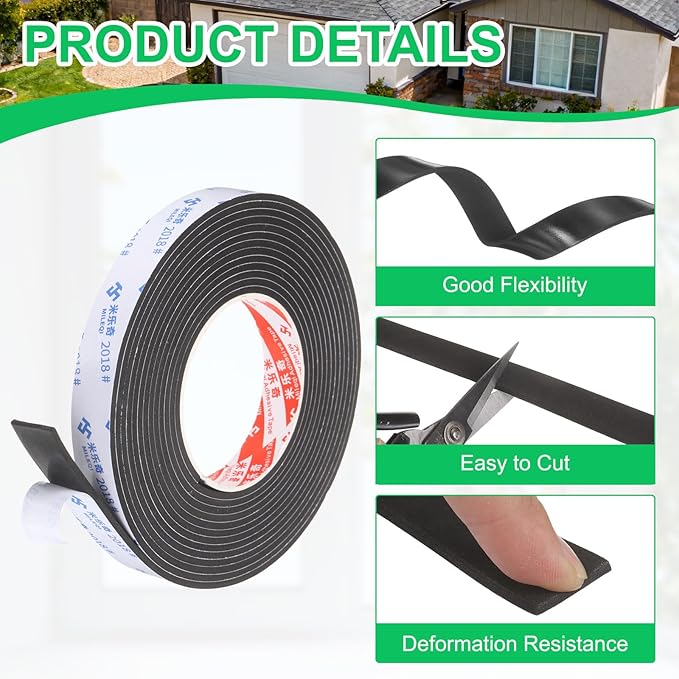 PATIKIL 4Roll Sponge Rubber Foam Tape, 25/32" W x 1/8" t x 16.4ft l Self-Adhesive Foam Insulation Tape Weather Stripping for Window Door Soundproofing Weatherstrip AC Seal Strip, Black