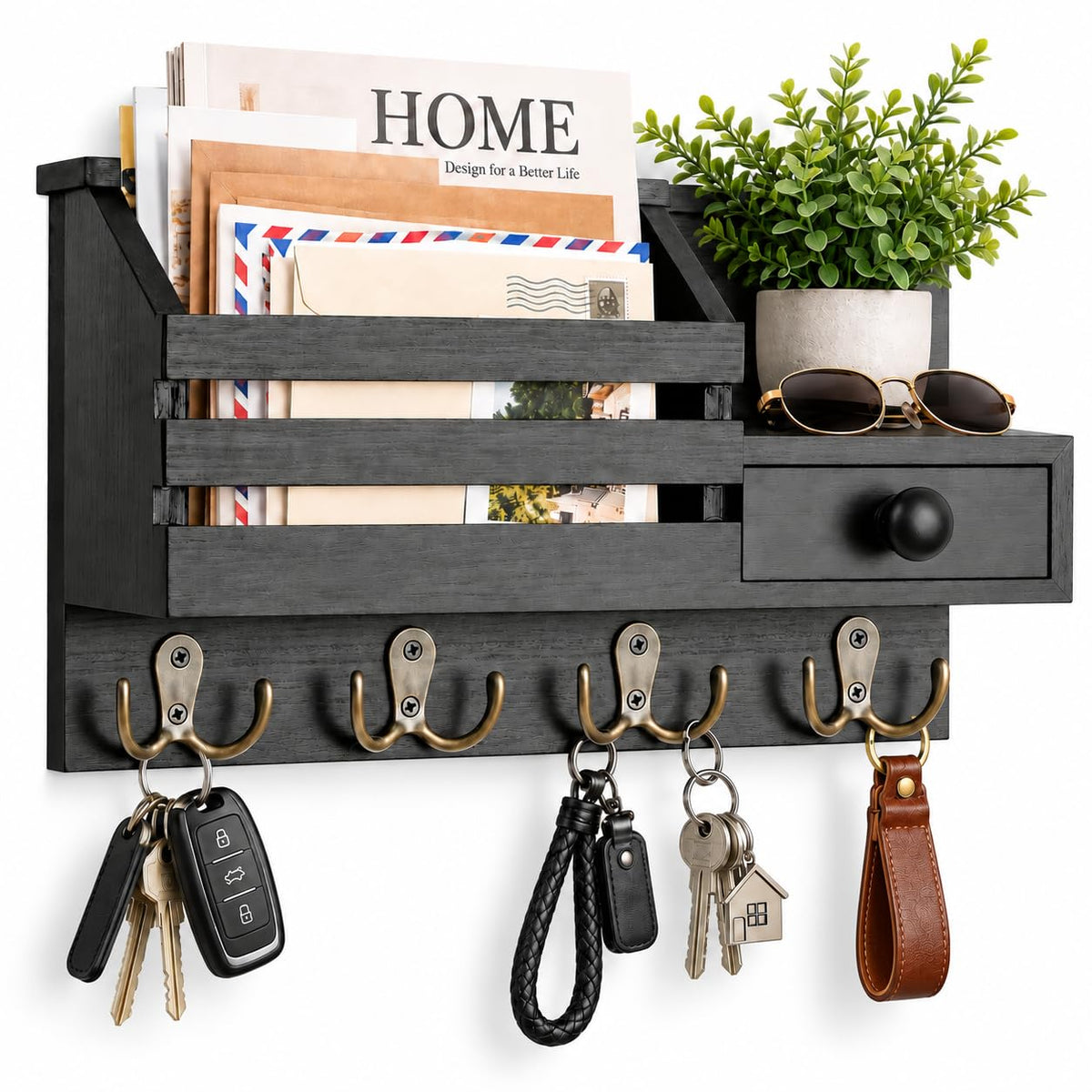 Key Holder Wall Mount with Mail Organizer, Drawer | Home Organization - Image 1