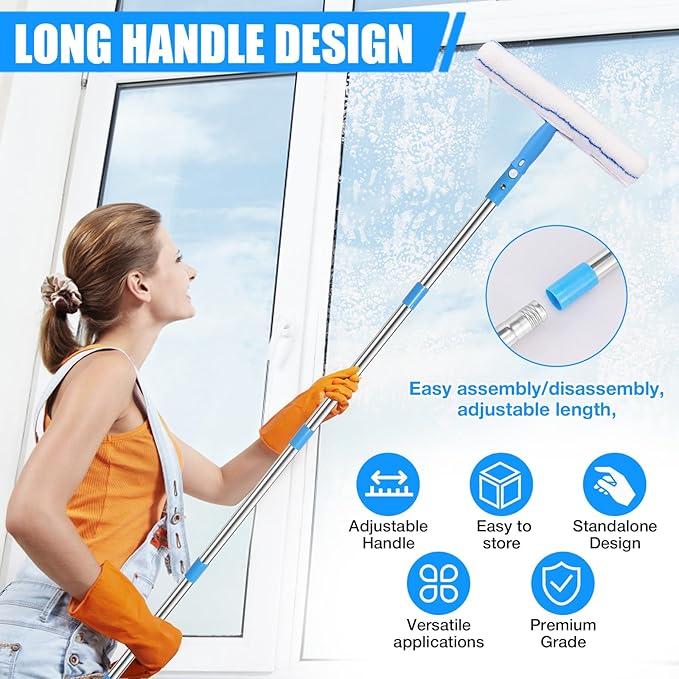 5 Feet Professional Window Cleaning Kit Extendable Window Mop with 61" Long Handle 14" Extra-Large Squeegee for Windshield Mirror Shower, with Blade Floor Scraper Tool