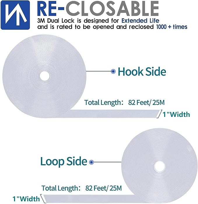 1 Inch x 82 Feet White Hook Loop Strips with Adhesive Heavy Duty, Multi-Purpose Double Sided Hook Loop Rolls, Picture Hanging Strips, Bulk Sticky Straps Wall Hanging Strips