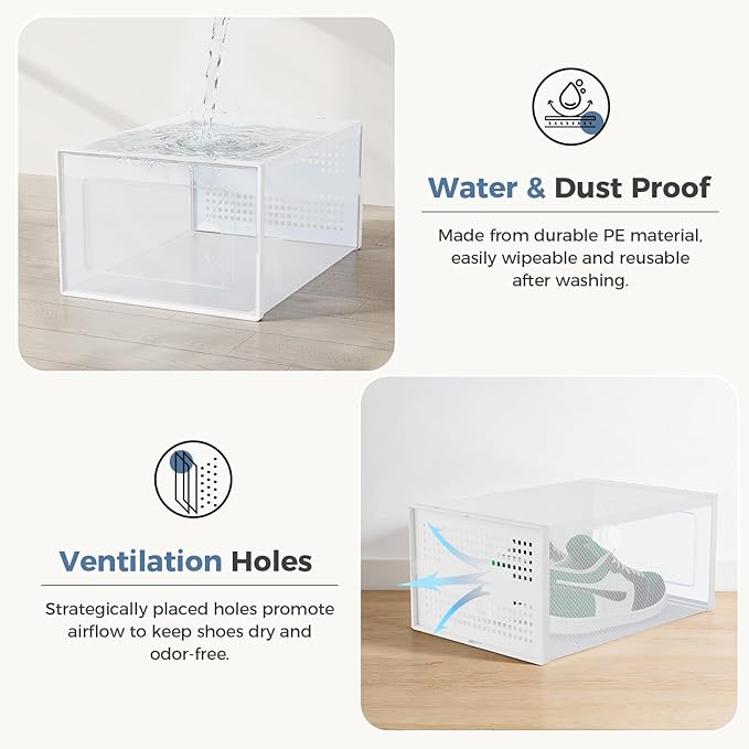 DUMOS 12-Pack Shoe Storage Boxes, Clear Shoe Containers with Lids, Stackable Sneaker Case Organizer for Closet, Under Bed, Entryway,White (Fit Size 9)