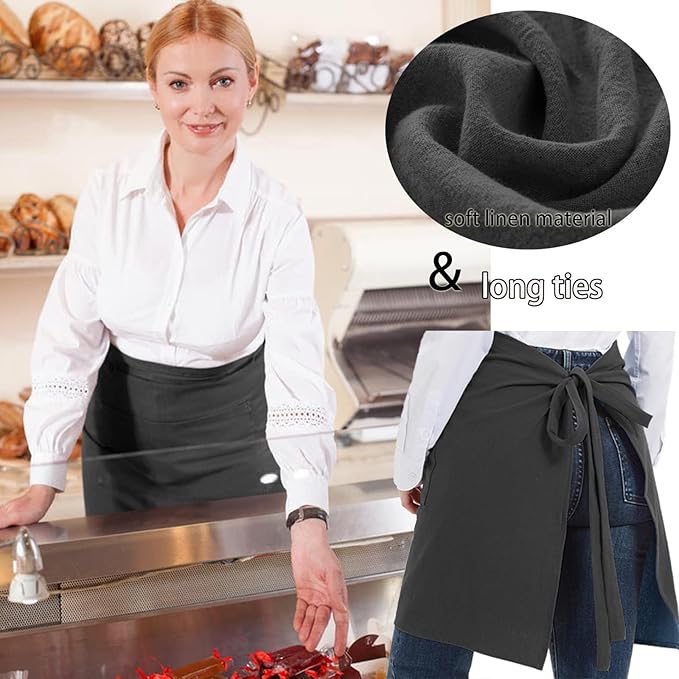 Cityelf Linen Server Apron Cotton Bistro Half Apron with Large Pockets Waist Kitchen Apron for Cooking Waitress