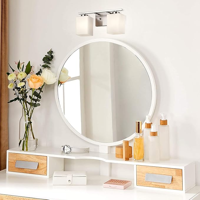 Edvivi Bathroom Light Fixtures, 2-Light Modern Brushed Nickel Vanity Light Over Mirror, Wall Sconces with Square White Glass Shades for Living Room, Bedroom, Hallway, E26 Base