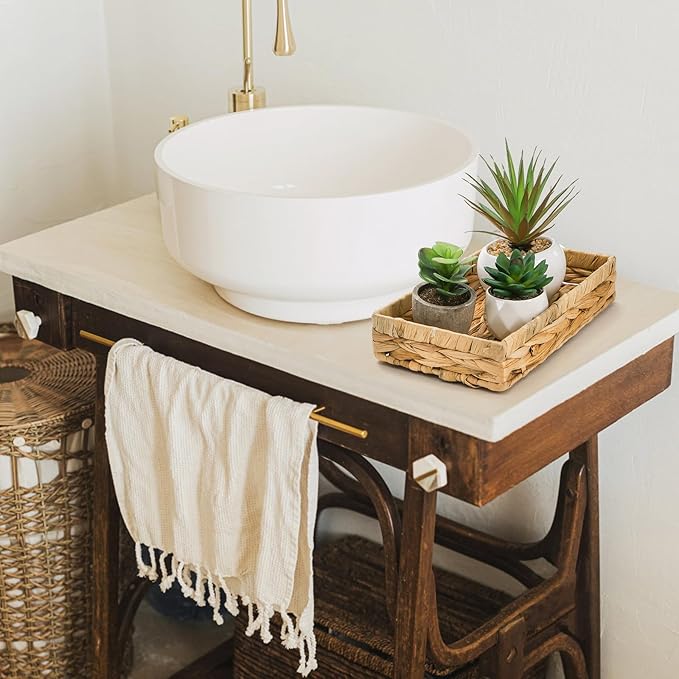 3 Packs Wicker Storage Trays, 10" Rattan Vanity Trays, Handwoven Toilet Paper Holder for Bathroom Towel, Rectangular Water Hyacinth Organizer for Countertop, Tank Topper, Shelves