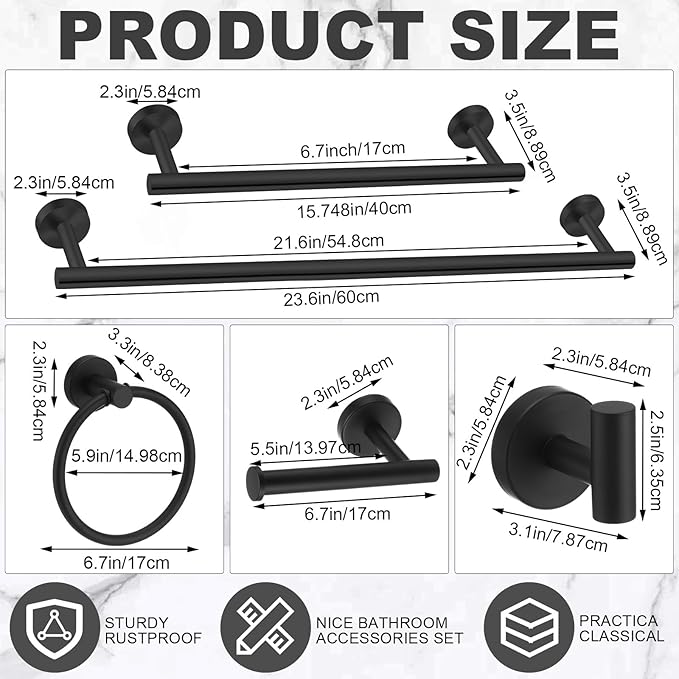 Gisafai 30 Pcs Bathroom Hardware Set, 23.6 Inch Brushed Towel Bar Ring Toilet Paper Holder Robe Towel Hook, SUS304 Stainless Steel Bathroom Accessory Set Wall Mounted (Black)