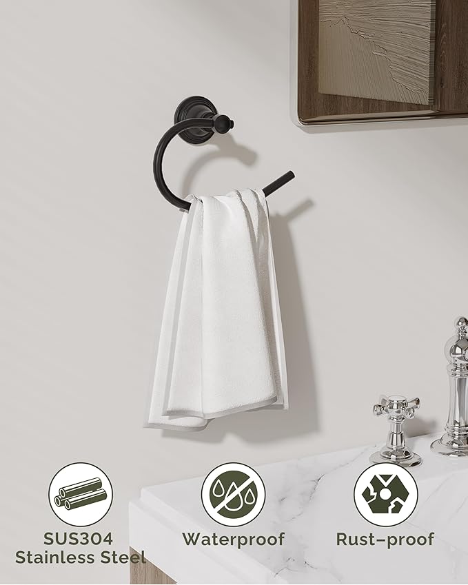 Towel Ring, Stainless Steel Hand Towel Holder for Bathroom Wall Mount, Heavy Duty Towel Hanger for Kitchen, Bath, RV (Matte Black)
