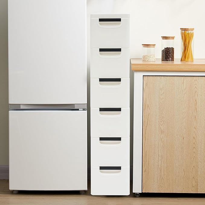 6 Drawers Plastic Storage Cabinet, Mobile Slim Utility Cart on Wheels, for Narrow Space Office Classroom Bedroom Bathroom (White)