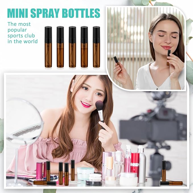 Zhehao 25 Pcs Mini Spray Bottles 5 ml Clear Glass Perfume Bottles Refillable Fine Mist Perfume Atomizer Portable Empty Sample Containers for Cleaning, Essential Oils, Travel (Amber)