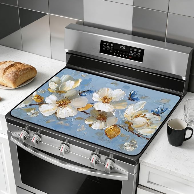 Glass Stove Top Covers for Electric Stove, Heat Resistant Counter Protector Mat, Non Slip Waterproof Surface Cover for Kitchen Counter and Cooktop (Blue Floral Butterflies, 28"L x 20"W)