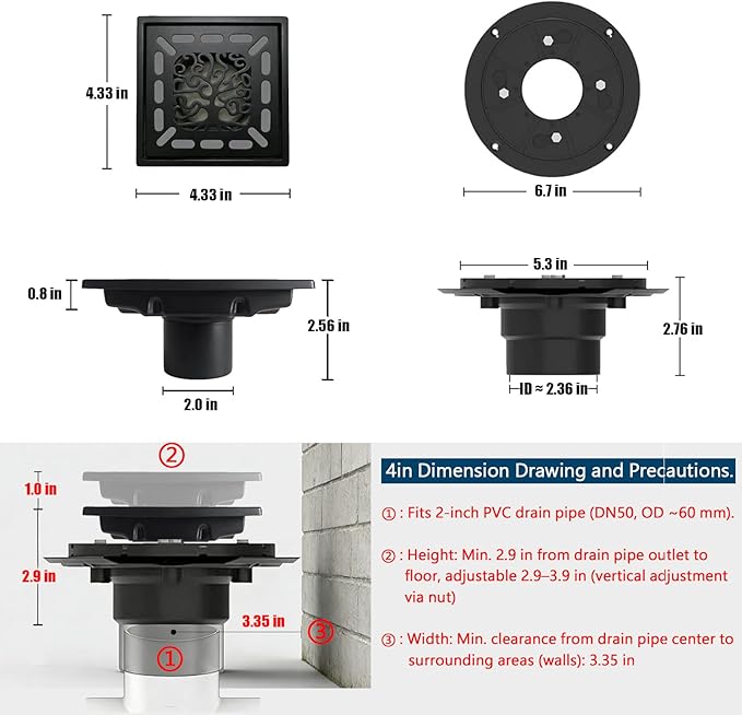 4 Inch Shower Drain, Square Shower Floor Drain Kit with Flange and Removable Cover Grate, AISI 304 Stainless Steel, Matte Black