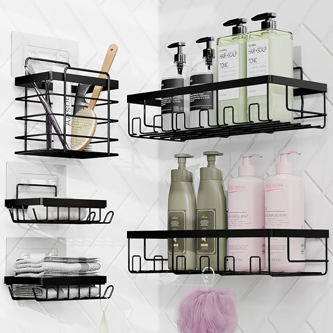 Clara Clark Bathroom Accessories Set - 27PC Bathroom Set with Adhesive Corner Shower Caddy Hanging, Bathroom Sets with Shower Curtain and Rugs, Teal Shower Curtain Set with Bathroom Trash Can