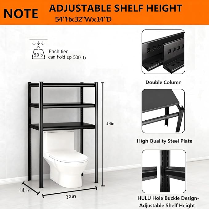 Over Toilet Storage Shelves, 5 Tier Adjustable Steel Shelf, Freestanding Metal Bathroom Space Saver, Waterproof&Rustproof Oraganizer with Reinforced Columns, Ideal for Laundry Bathroom, 32Wx14Dx54H