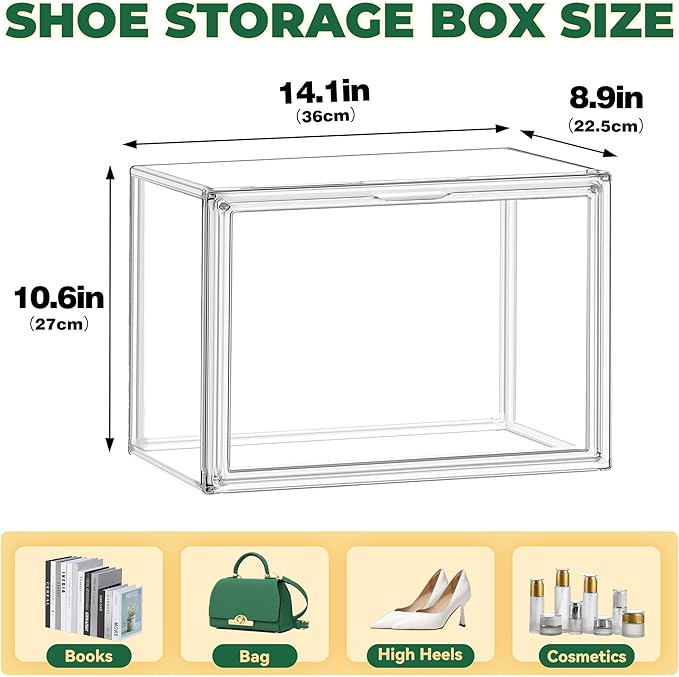 3 Pack X-Large Acrylic Shoe Display Case Size 14 Clear Stackable Handbag Organizer Sneaker Storage Box Shoe Contianers with Magnetic Door Purse Organizer for Closet
