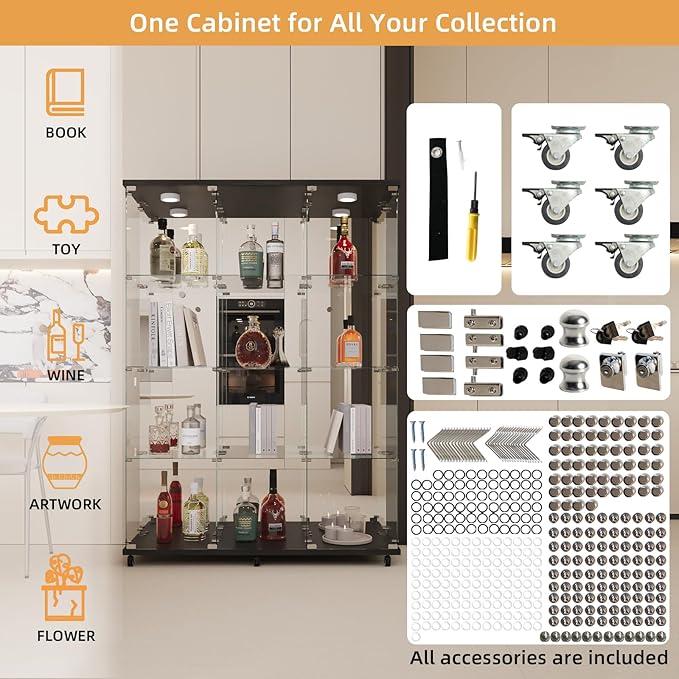 LFT HUIMEI2Y Glass Display Cabinet 12 Shelves with 3 Columns 2 Doors, LED Light, Mirror and Lock, Curio Cabinets Quick-Install Style Tempered Glass Bookshelf for Living Room, Kitchen Black