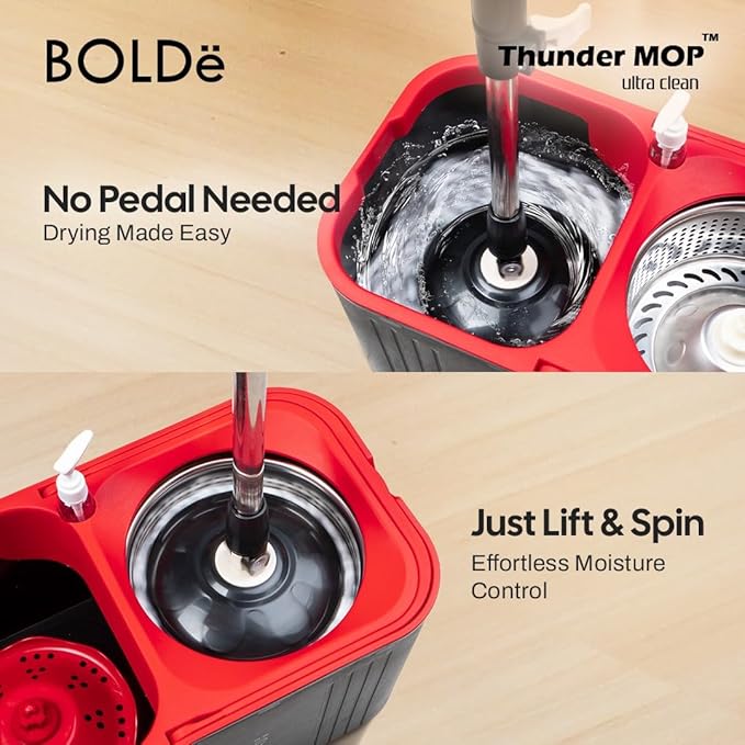Thunder MOP Spin System - Ultra Clean - Single Bucket Microfiber Head, Stainless Steel Wringer, Antifungal Quick-Dry Cleaning, Soap Dispenser, 3 Free Refills (Forest/Lime)