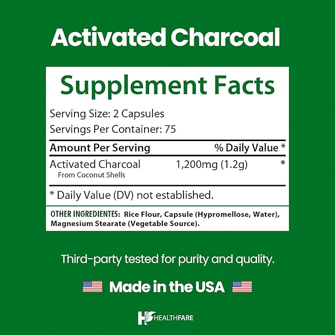 Healthfare Activated Charcoal Pills 1200mg | 150 Vegan Capsules | Organic Coconut-Sourced | Detox & Digestive Balance | Non-GMO, Gluten-Free | Made in USA