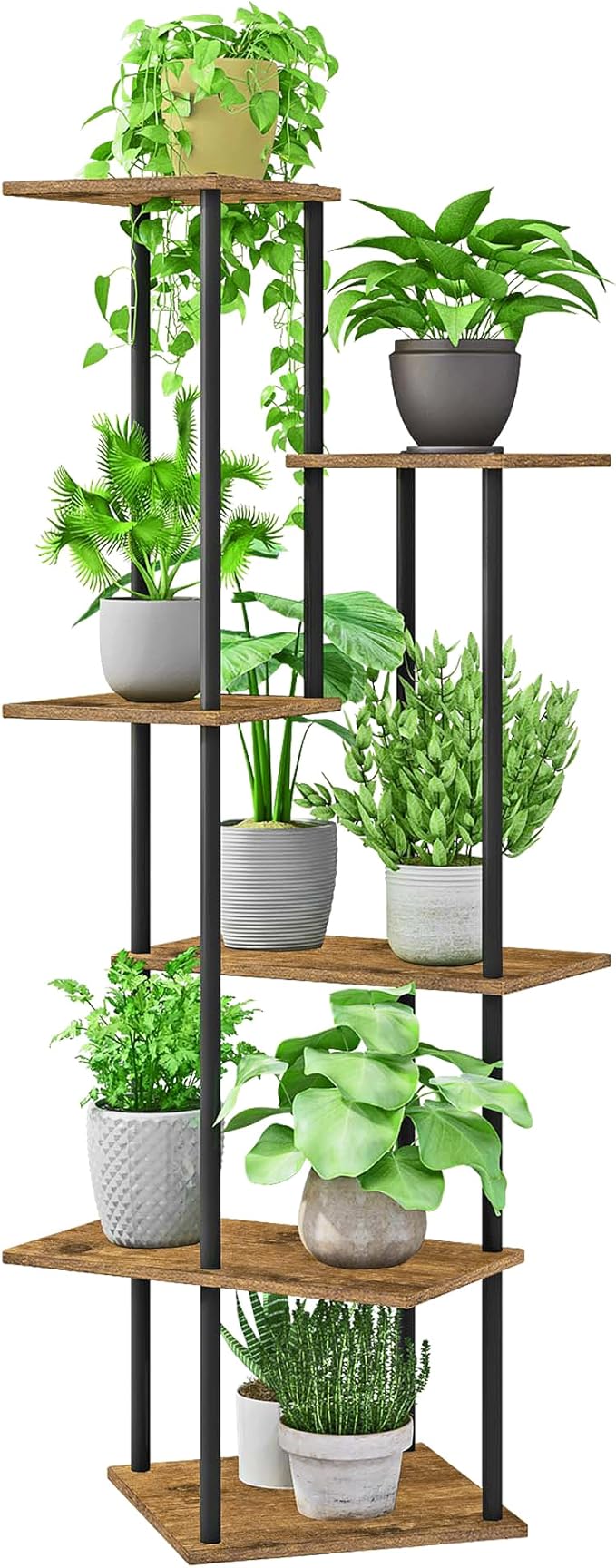 Plant Stand Indoor 6-Tier Metal Wood Plant Shelf for Multiple Flower Pots Corner Tall Flower Holders for Living Room Balcony Bedroom, Rustic Brown