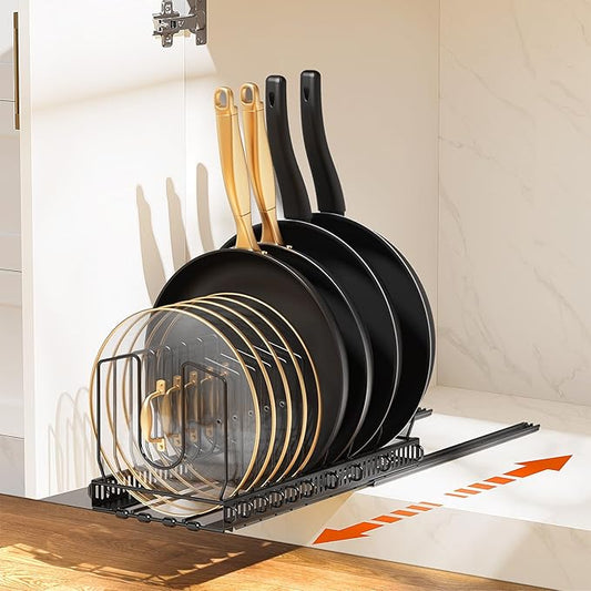 Housolution 1 Pack Pull Out Pot and Pan Organizer for Under Cabinet, Slide Out Pot Lid Organizer with 10 Adjustable Dividers, Sliding Pan Holder Storage Rack Inside Cabinet, Black
