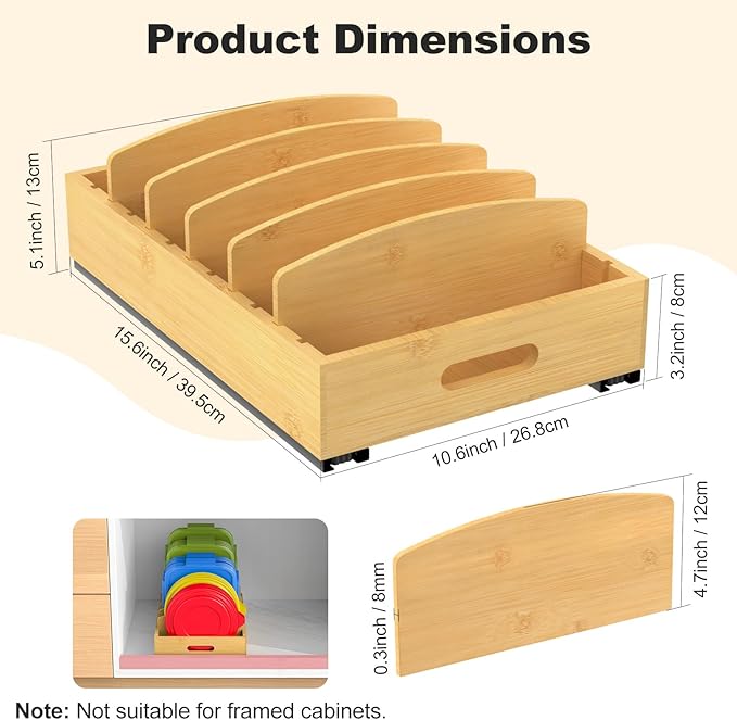 Housolution Pull Out Food Container Lid Organizer with Sliding Rail, Slide Out Plastic Lid Holder Compatible with Tupperware, Bamboo Storage Box with 5 Adjustable Dividers for Kitchen Cabinet, 1 Pack